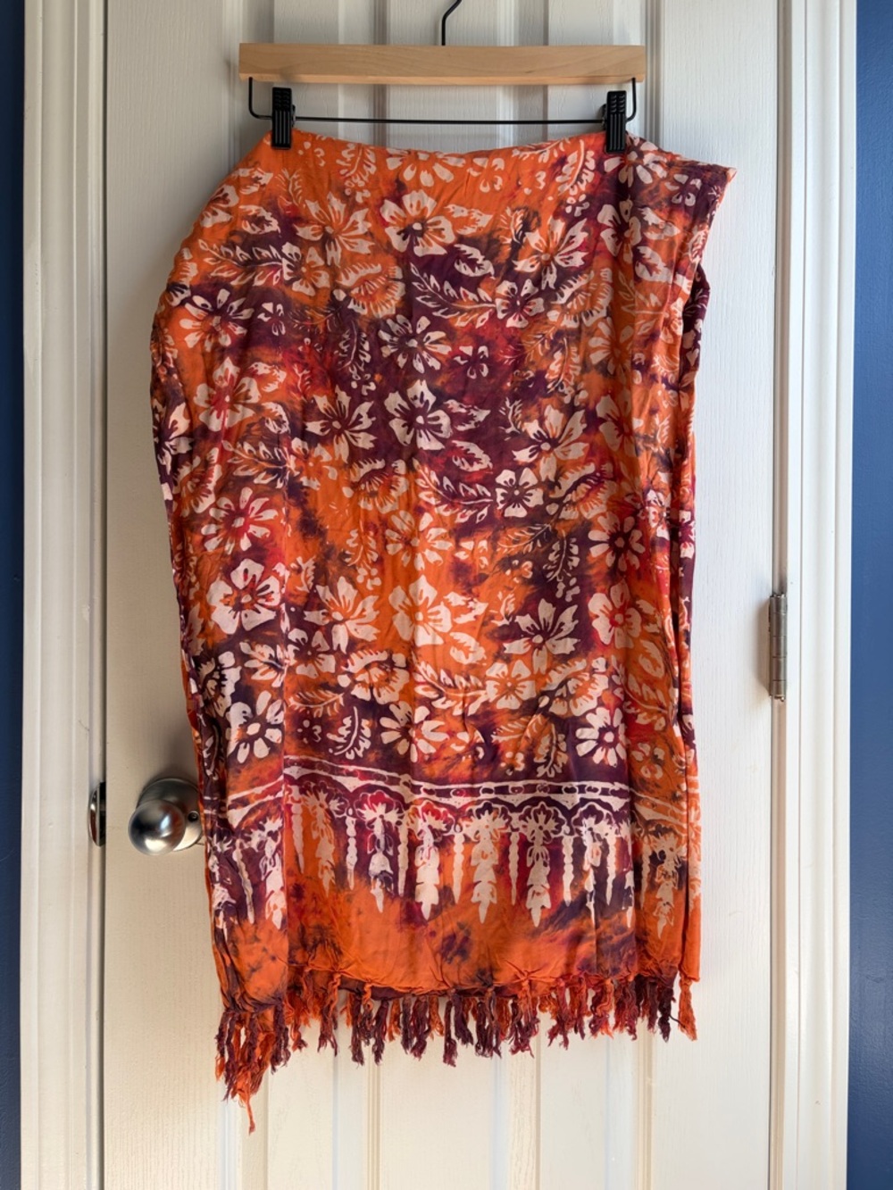 Orange Floral Tie Dye Fringe Scarf Wrap Boho Lightweight Shawl 42” x 62”